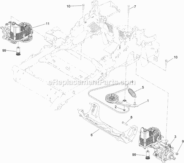 Hydraulic Pump, Idler And Belt Assembly Diagram and Parts List for 74954 313000001-313999999 Toro Lawn Mower