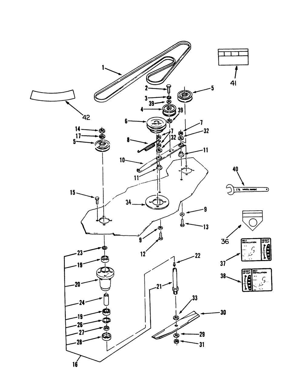 Belt & Spindle Assembly Diagram and Parts List for 78360 3900001 - 3999999 Toro Lawn Mower