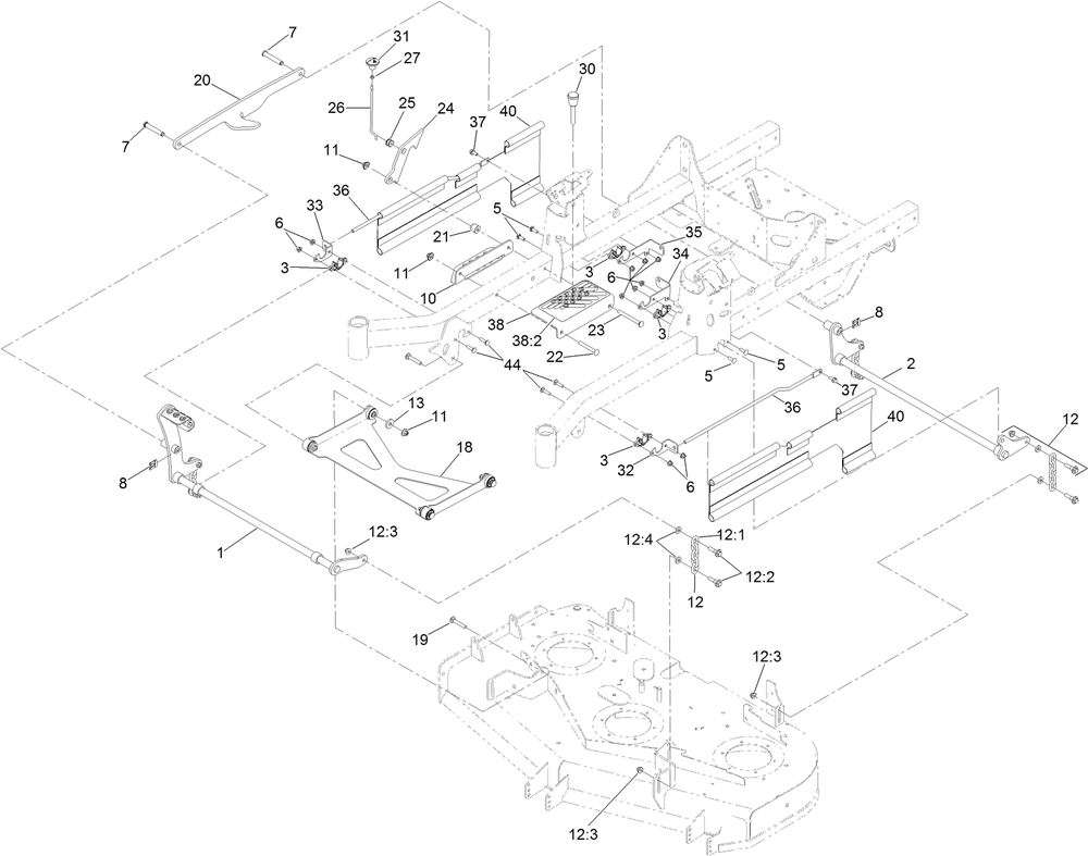 Deck Lift Assembly Diagram and Parts List for 74453TE 404621105-999999999 Toro Lawn Tractor