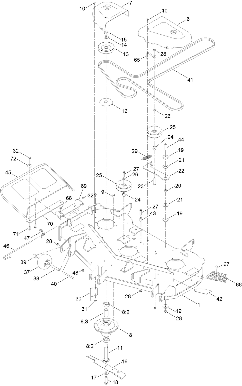 48 Inch Deck Assembly Diagram and Parts List for 75316TA 409330000 - 411419999 Toro Lawn Tractor