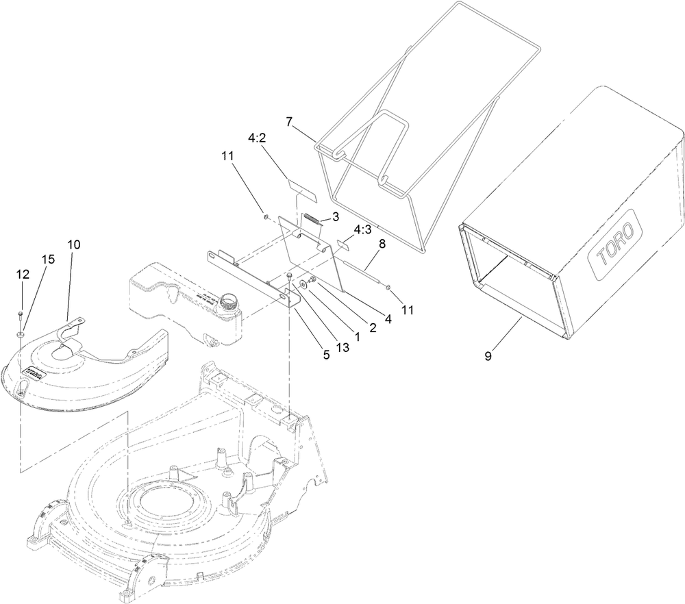 Bag And Door Assembly Diagram and Parts List for 22203TE (312000001-312999999)(2012) Toro Lawn Mower