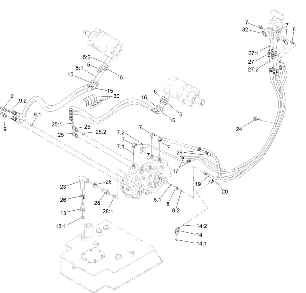 Hydraulic Motor And Hose Assembly Diagram and Parts List for 22327G 402800000 - 404356213 Toro Lawn Tractor Accessories