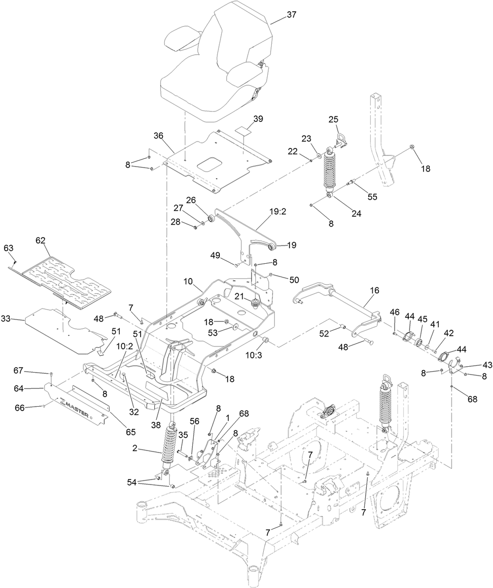 Seat Suspension Platform Assembly Diagram and Parts List for 74055 410147886-411425684 Toro Lawn Tractor