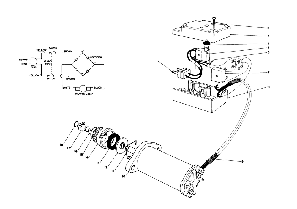 Starter Motor & Switch Assembly Diagram and Parts List for 38162 7000001 - 7999999 Toro Snow Blower