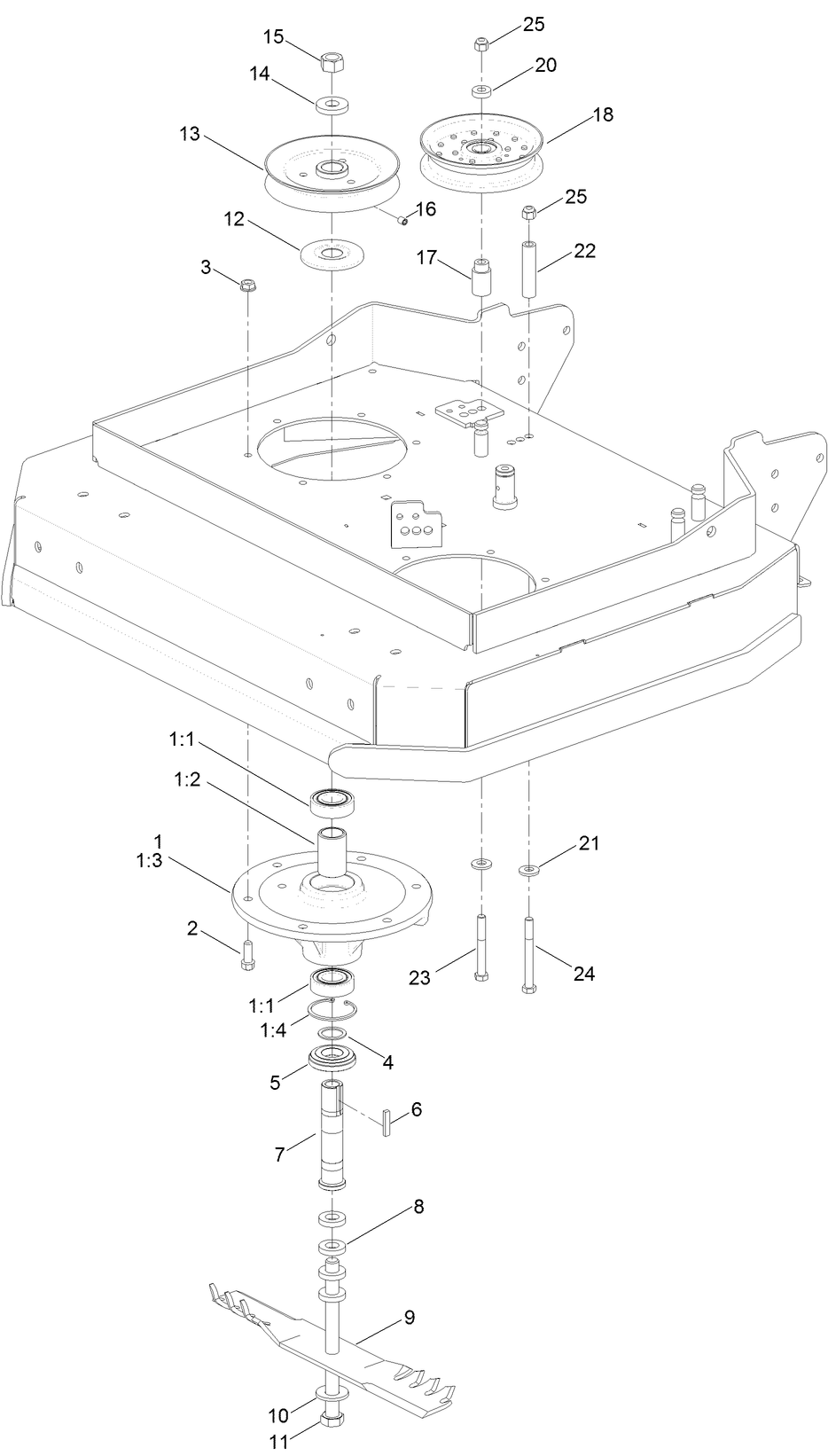 Spindle And Blade Assembly Diagram and Parts List for 2710 316000001 - 316999999 Toro Lawn Tractor Accessories