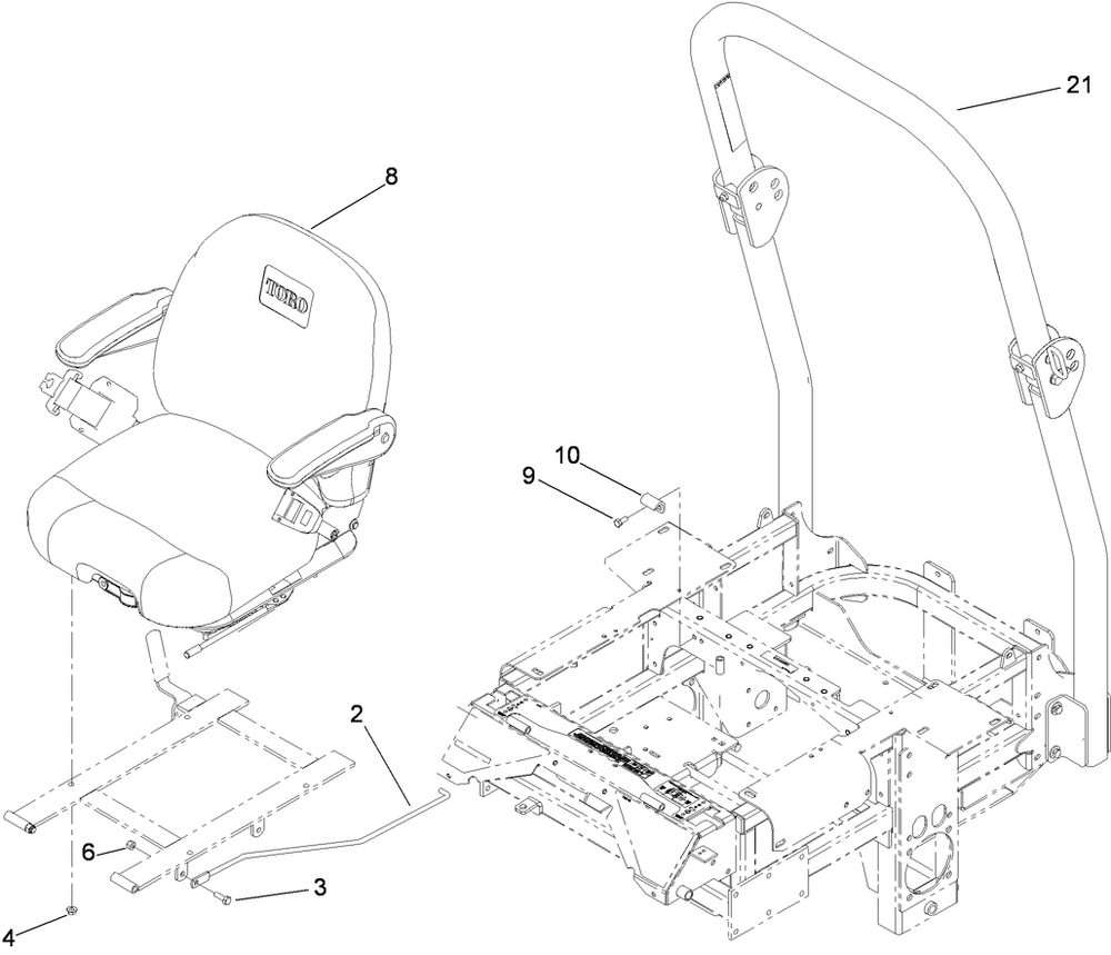 Seat And Roll-Over Protection System Assembly Diagram and Parts List for 74264TE (290000001-290999999)(2009) Toro Lawn Mower