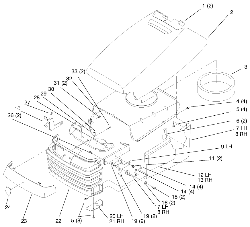 Hood And Grill Diagram and Parts List for 72064 7900001 - 7999999 Toro Lawn Tractor