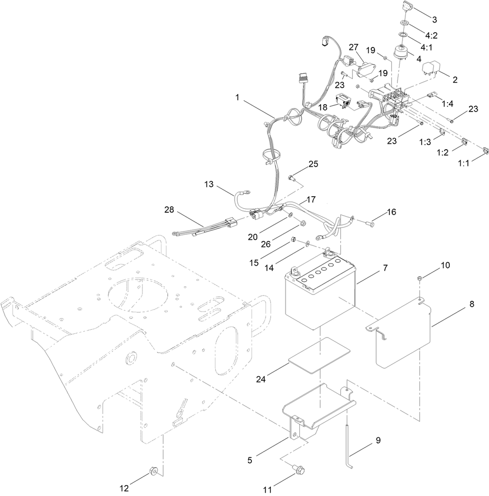 Battery And Electrical Assembly Diagram and Parts List for 23208 410480000 - 414499999 Toro Stump Grinder