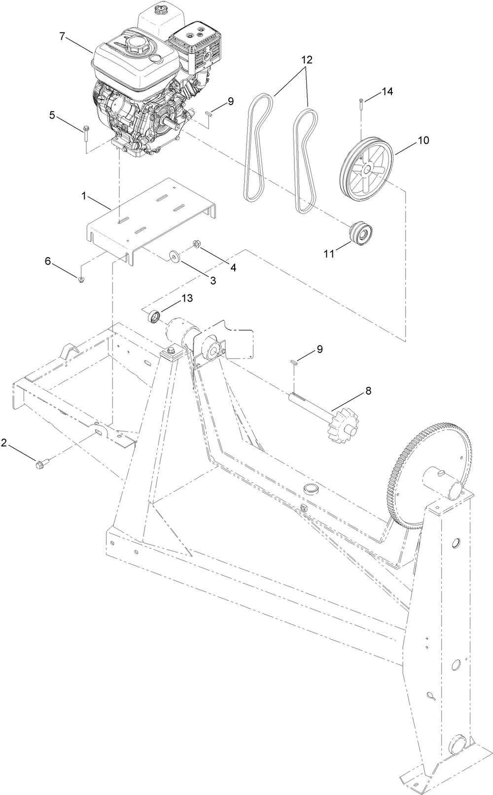 Engine And Belt Assembly Diagram and Parts List for 68009 400000000 - 401999999 Toro Cement Mixer