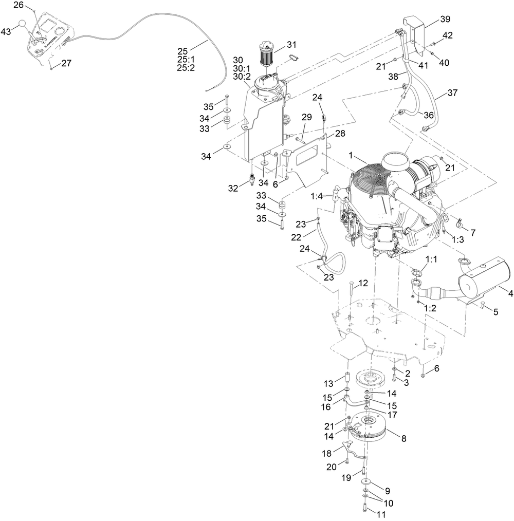 Engine, Clutch And Muffler Assembly Diagram and Parts List for 72982 414109391 - 999999999 Toro Lawn Tractor