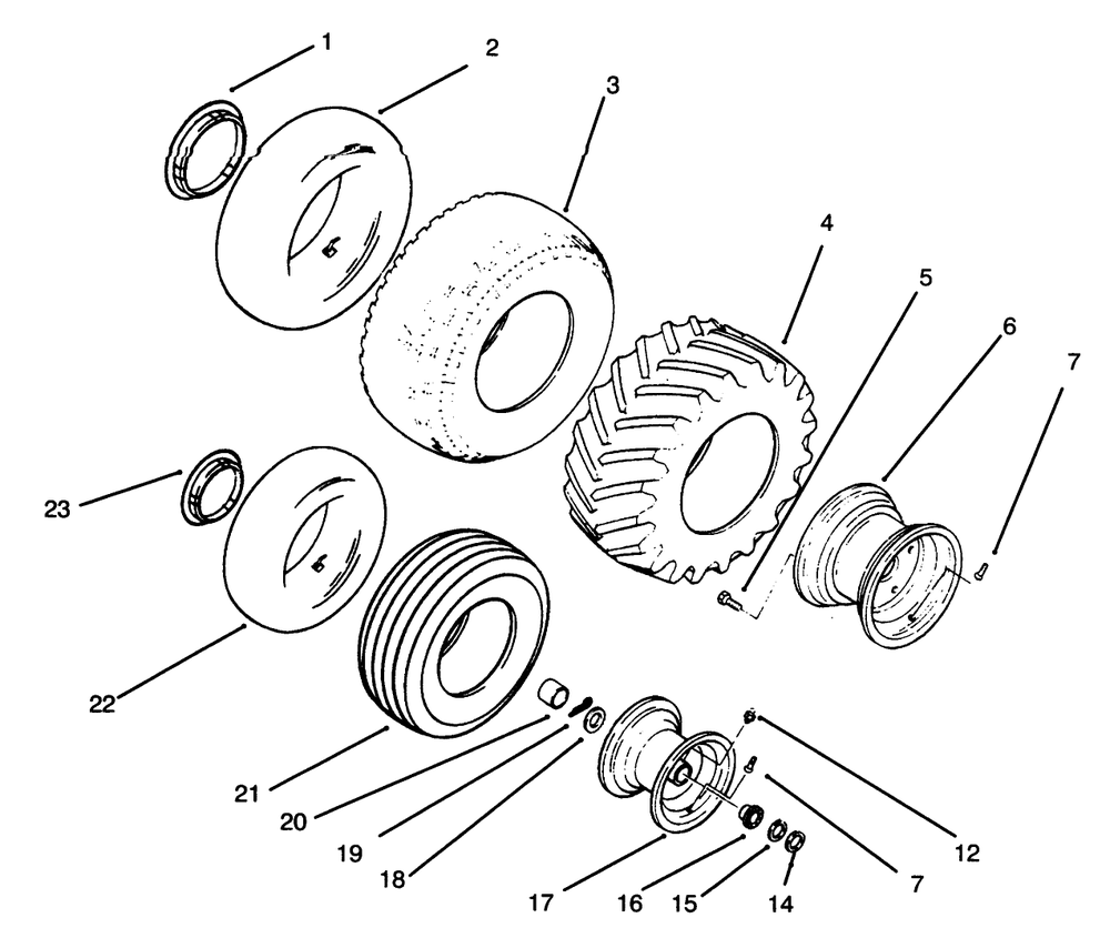 Wheels And Tires Diagram and Parts List for 73421 5901047 - 5999999 Toro Lawn Tractor