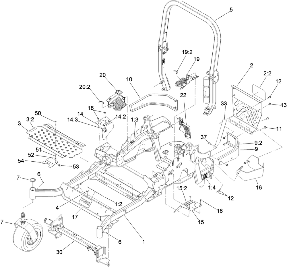 Front Frame And Caster Wheel Assembly Diagram and Parts List for 74925TE (310000001-310999999)(2010) Toro Lawn Mower