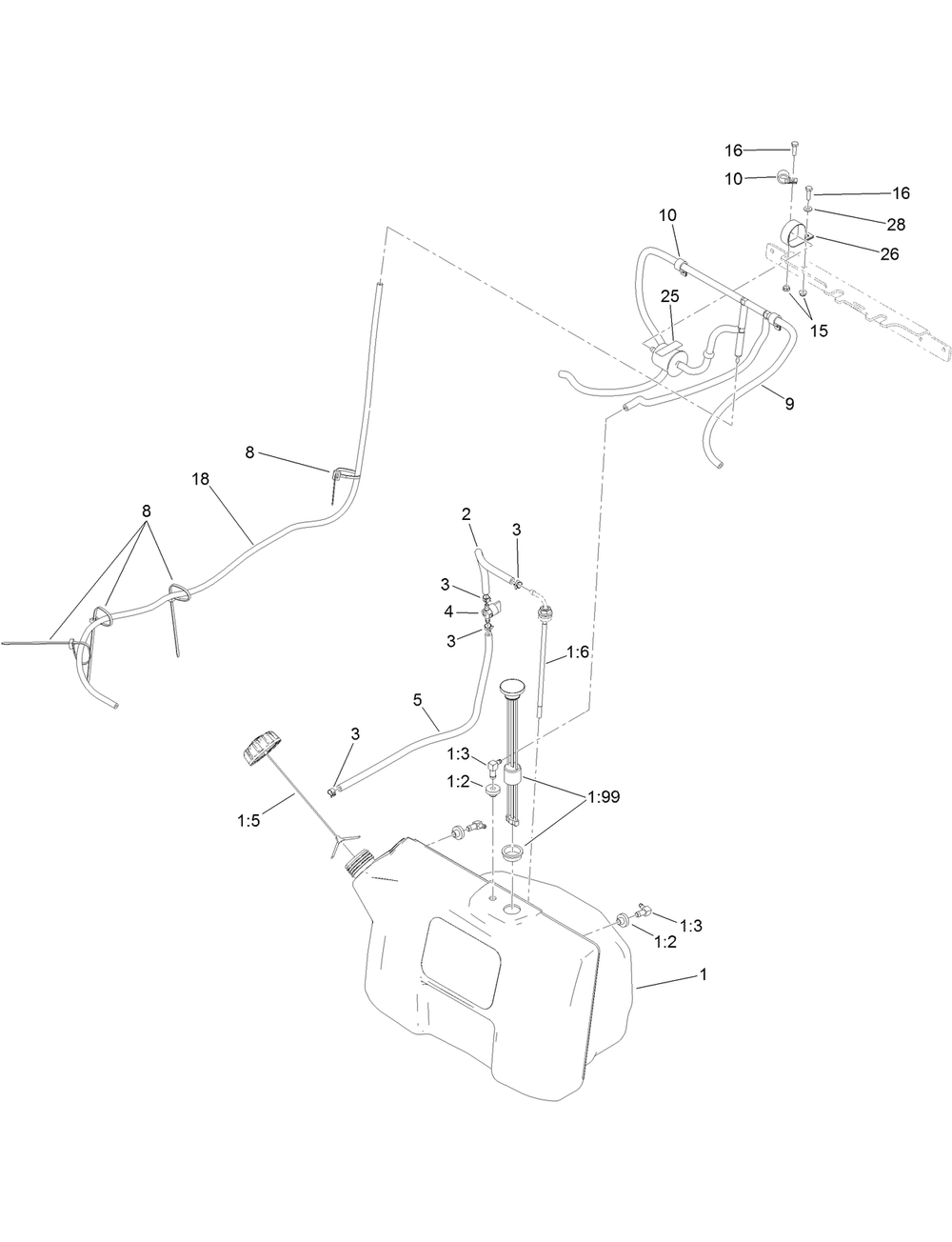 Fuel Tank Assembly Diagram and Parts List for 74534 403365764-404314999 Toro Lawn Mower