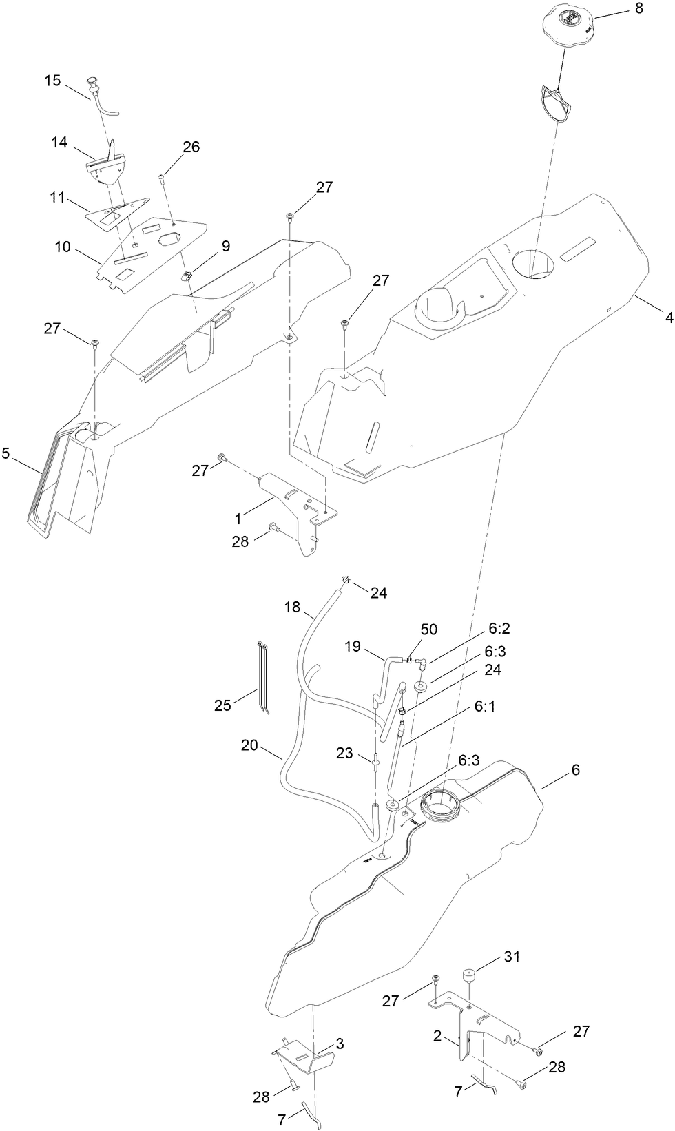 Fuel Pod And Body Styling Assembly Diagram and Parts List for 75746TA 412600000 - 999999999 Toro Lawn Tractor