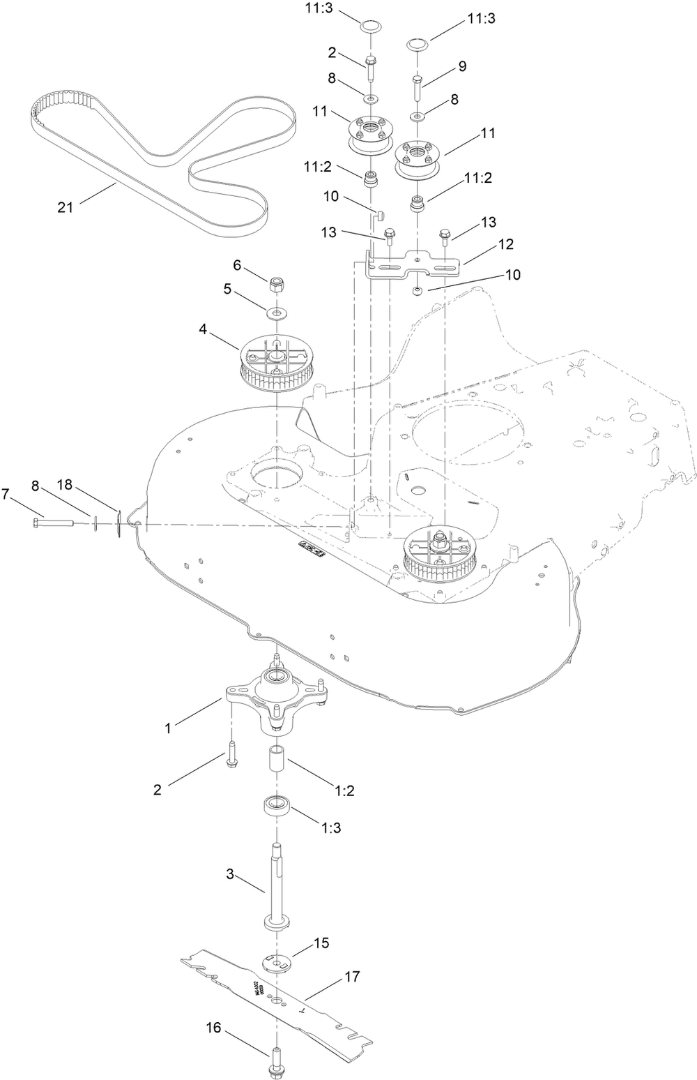 Spindle And Blade Assembly Diagram and Parts List for 21491T 400000000 - 999999999 Toro Lawn Mower