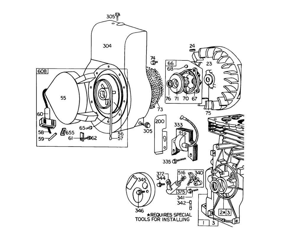 Rewind Starter Assembly Diagram and Parts List for 58220 4000001 - 4999999 Toro Tiller