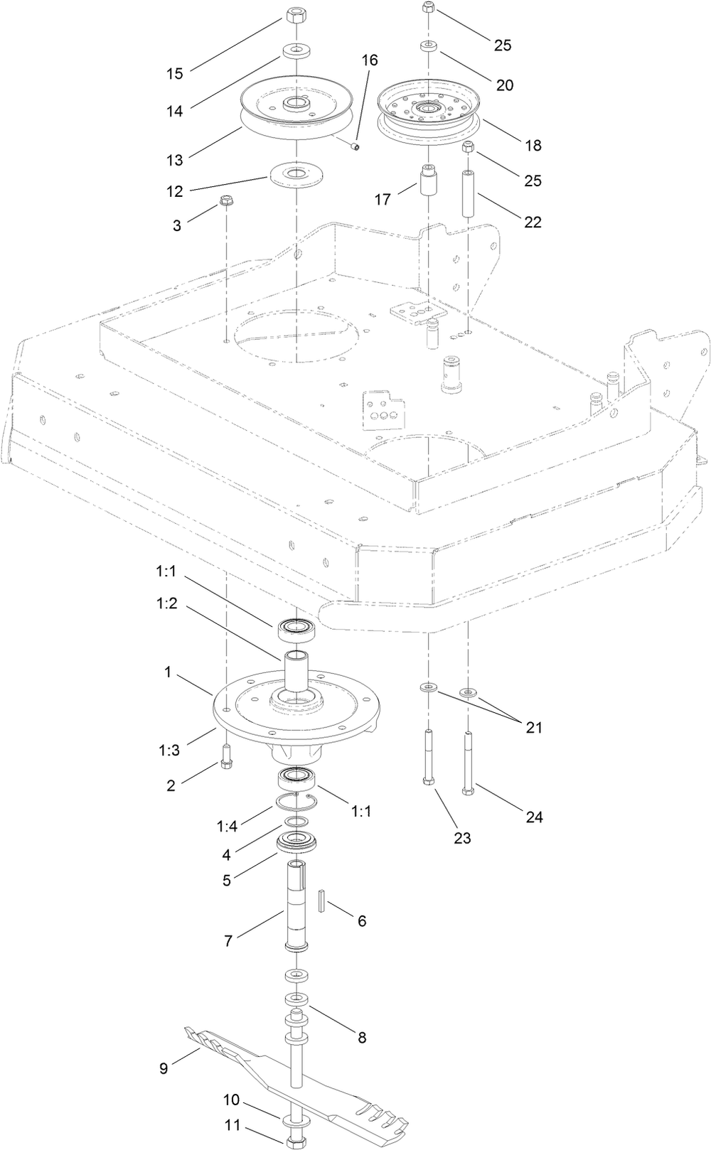 Sheave, Spindle And Blade Assembly Diagram and Parts List for 2711 315000001 - 315999999 Toro Lawn Tractor Accessories
