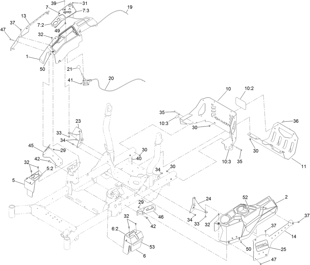 Control Console And Guard Assembly Diagram and Parts List for 74453TE 404621105-999999999 Toro Lawn Tractor