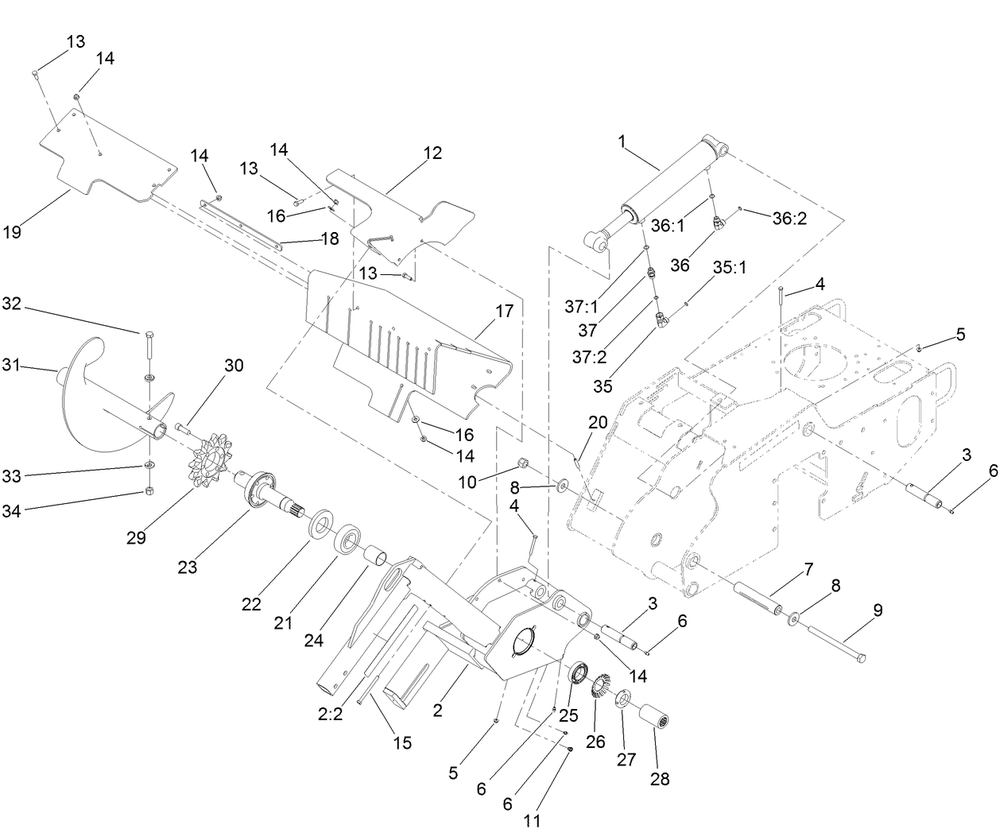 Trencher Head And Lift Assembly Diagram and Parts List for 22983 407740000 - 407959999 Toro Lawn Tractor Accessories