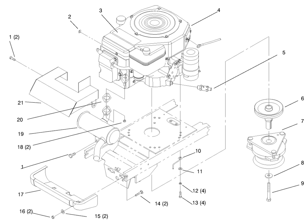Single Cylinder Engine, Muffler, And P.T.O. Diagram and Parts List for 72045 7900001 - 7999999 Toro Lawn Tractor