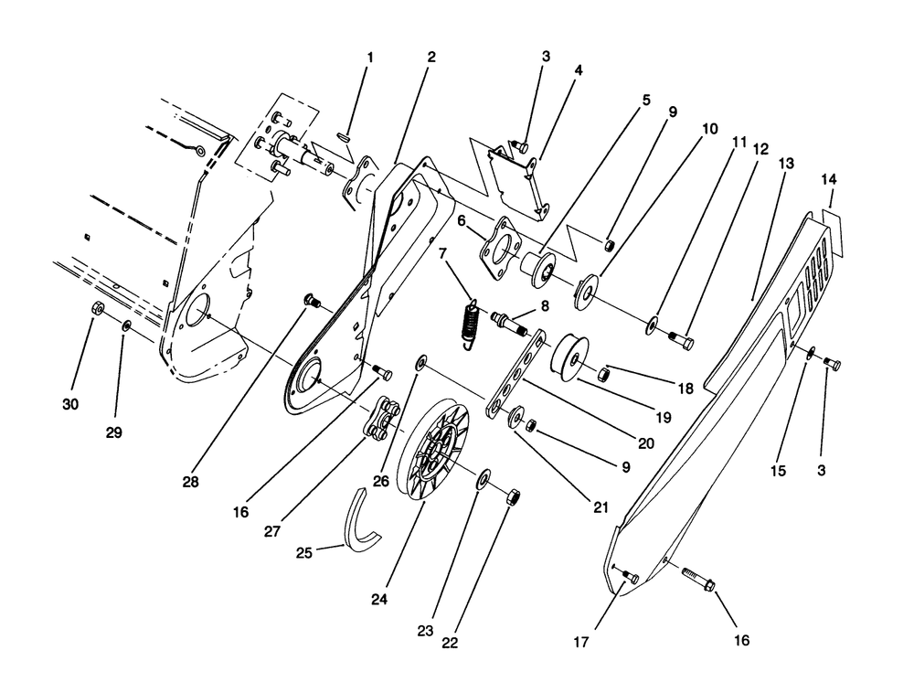 Pulley & Belt Cover Assembly Diagram and Parts List for 38171 2000001 - 2999999 Toro Snow Blower