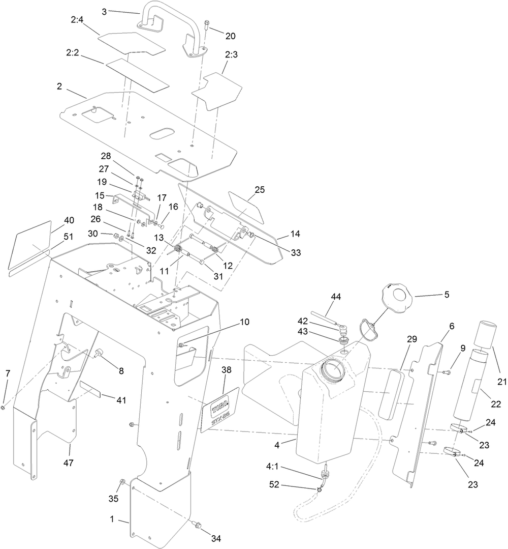 Tower And Fuel Tank Assembly Diagram and Parts List for 23208G 400000000 - 401999999 Toro Stump Grinder