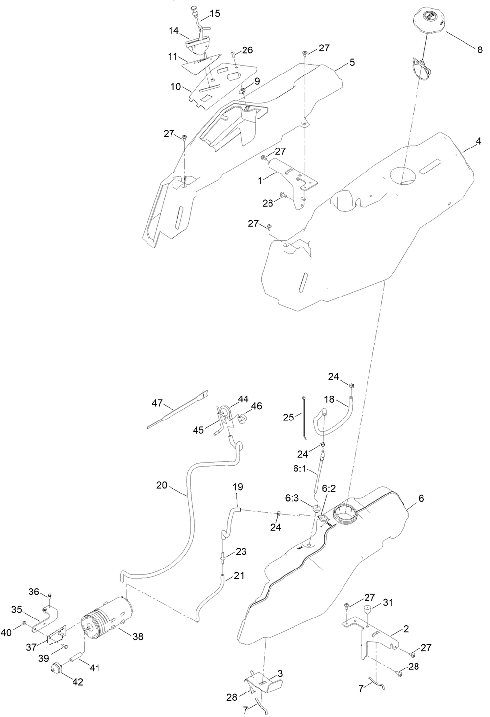 Body Styling And Fuel Tank Assembly Diagram and Parts List for 75753 406740000 - 409299999 Toro Lawn Tractor