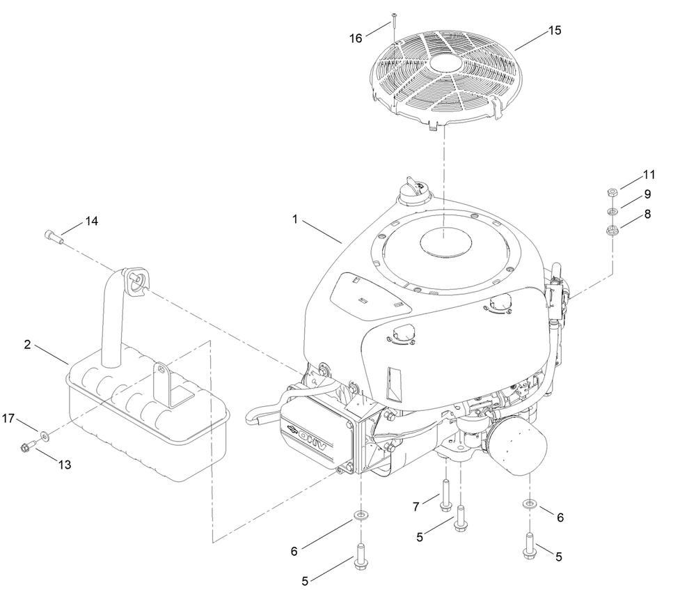 Engine And Muffler Assembly Diagram and Parts List for 75748 414400000 - 999999999 Toro Lawn Tractor
