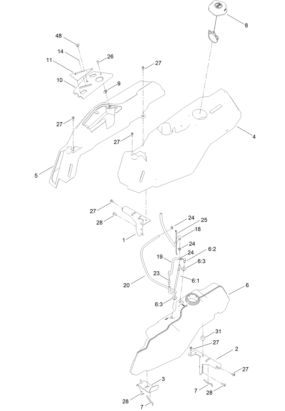Body Styling And Fuel Pod Assembly Diagram and Parts List for 75740 409431744 - 410899999 Toro Lawn Tractor