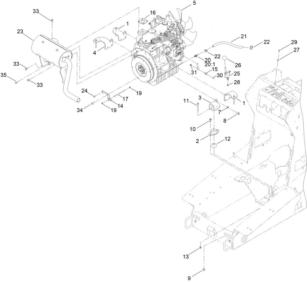 Engine And Muffler Assembly Diagram and Parts List for 22328 408963400 - 409588175 Toro Lawn Tractor Accessories