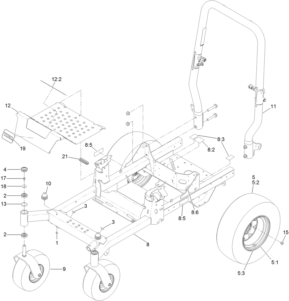 Frame, Roll-Over Protection System  And Caster Assembly Diagram and Parts List for 74452 400000000-402099999 Toro Lawn Tractor