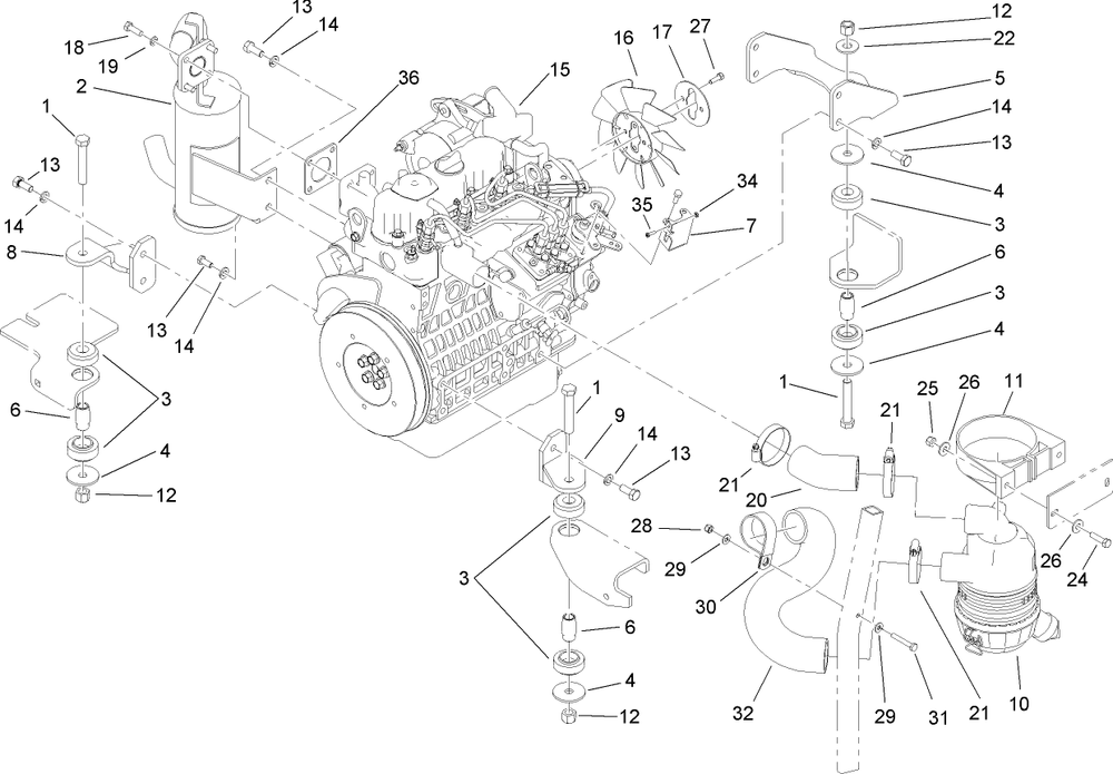 Engine, Exhaust And Air Intake Assembly Diagram and Parts List for 74264TE (260000001-260999999)(2006) Toro Lawn Mower