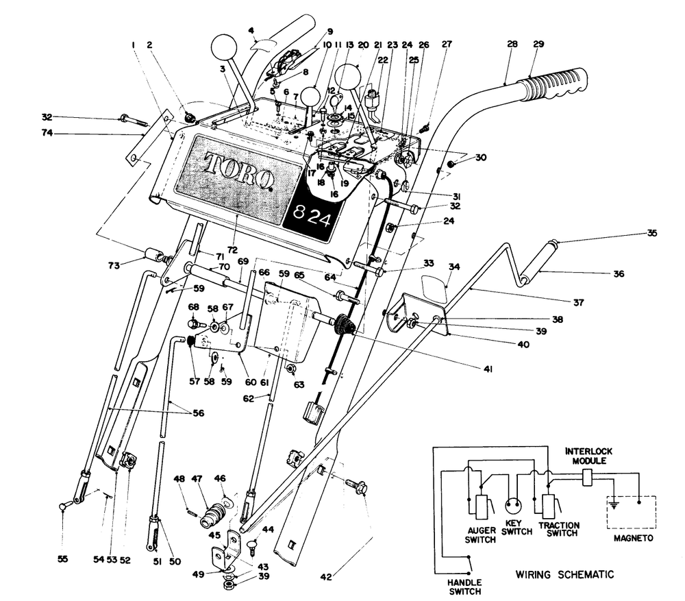 Handle Assembly Diagram and Parts List for 38080 1000001 - 1999999 Toro Snow Blower