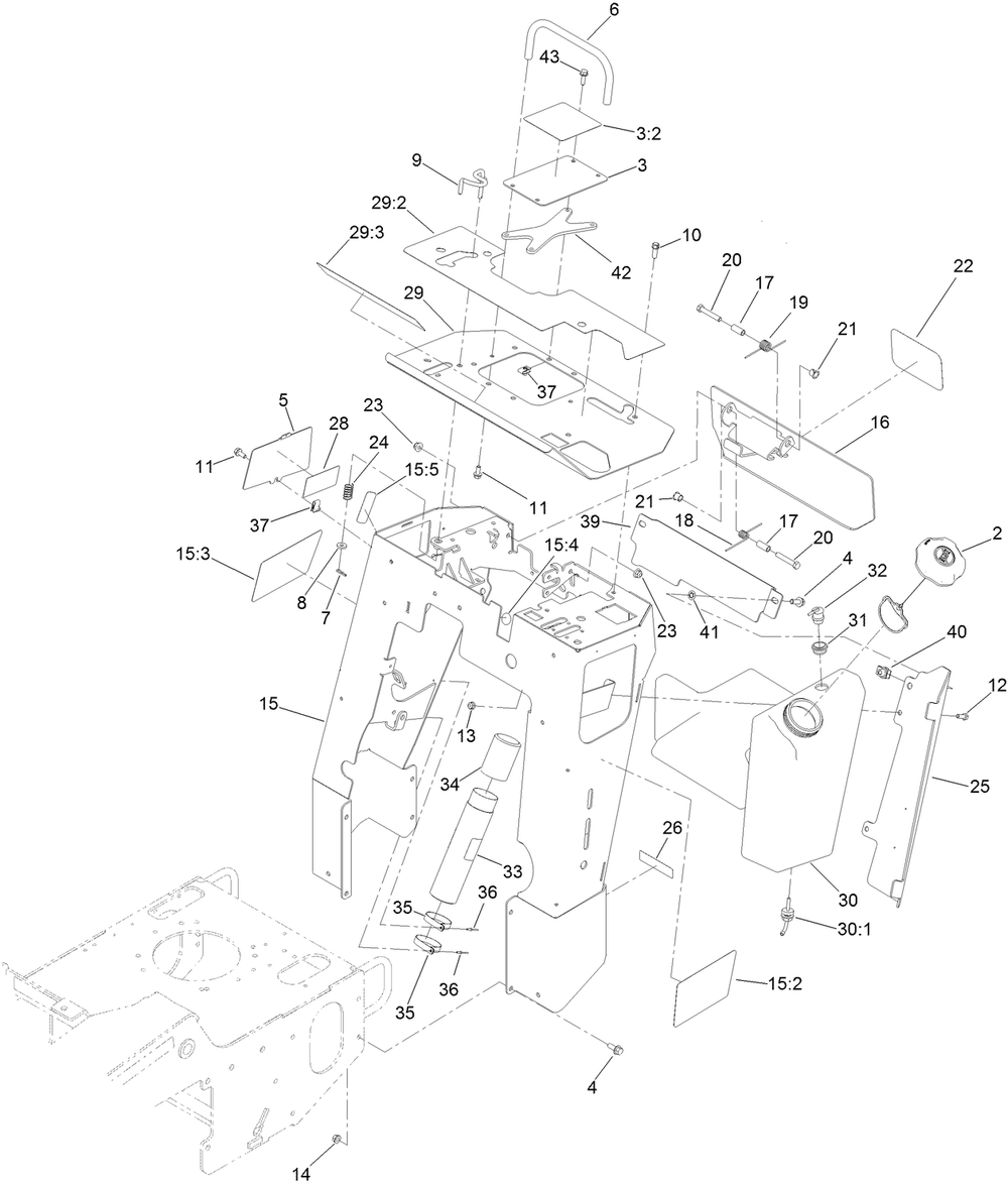 Control Tower And Fuel Tank Assembly Diagram and Parts List for 22983 410480000 - 411799999 Toro Lawn Tractor Accessories