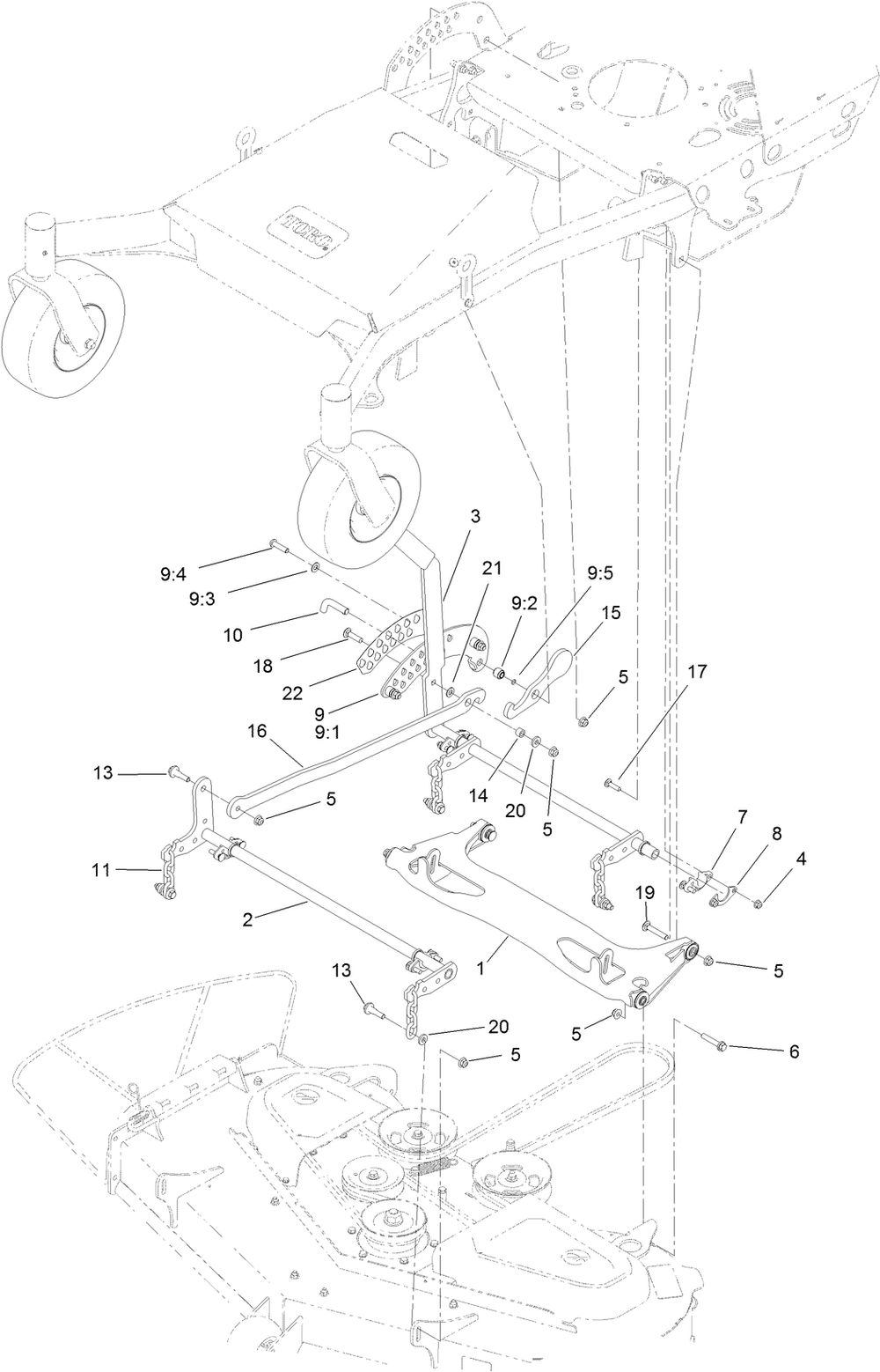 Deck Lift Assembly Diagram and Parts List for 44427 406959897-406959899 Toro Lawn Mower