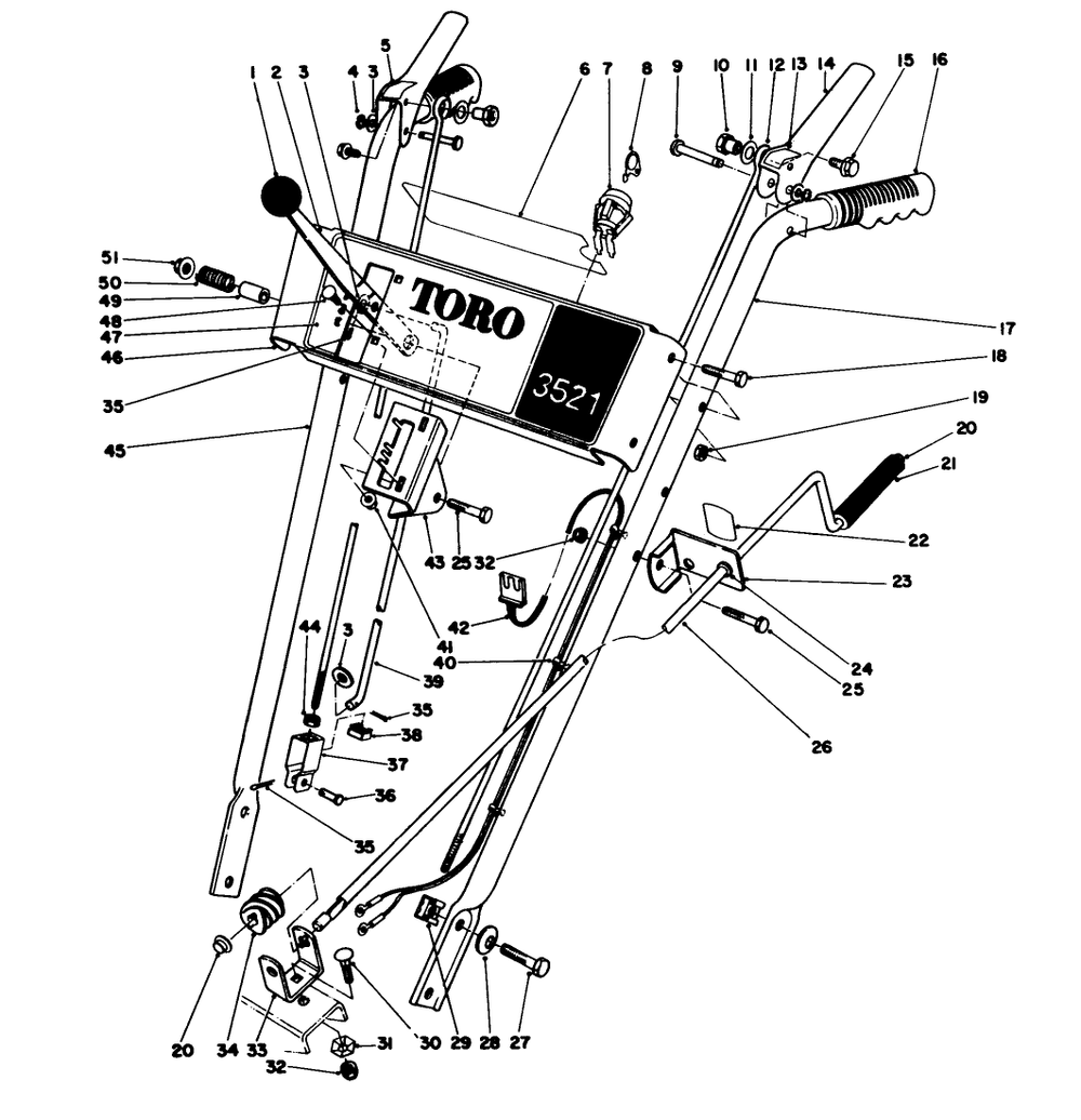 Handle Assembly Diagram and Parts List for 38035 6000001 - 6999999 Toro Snow Blower