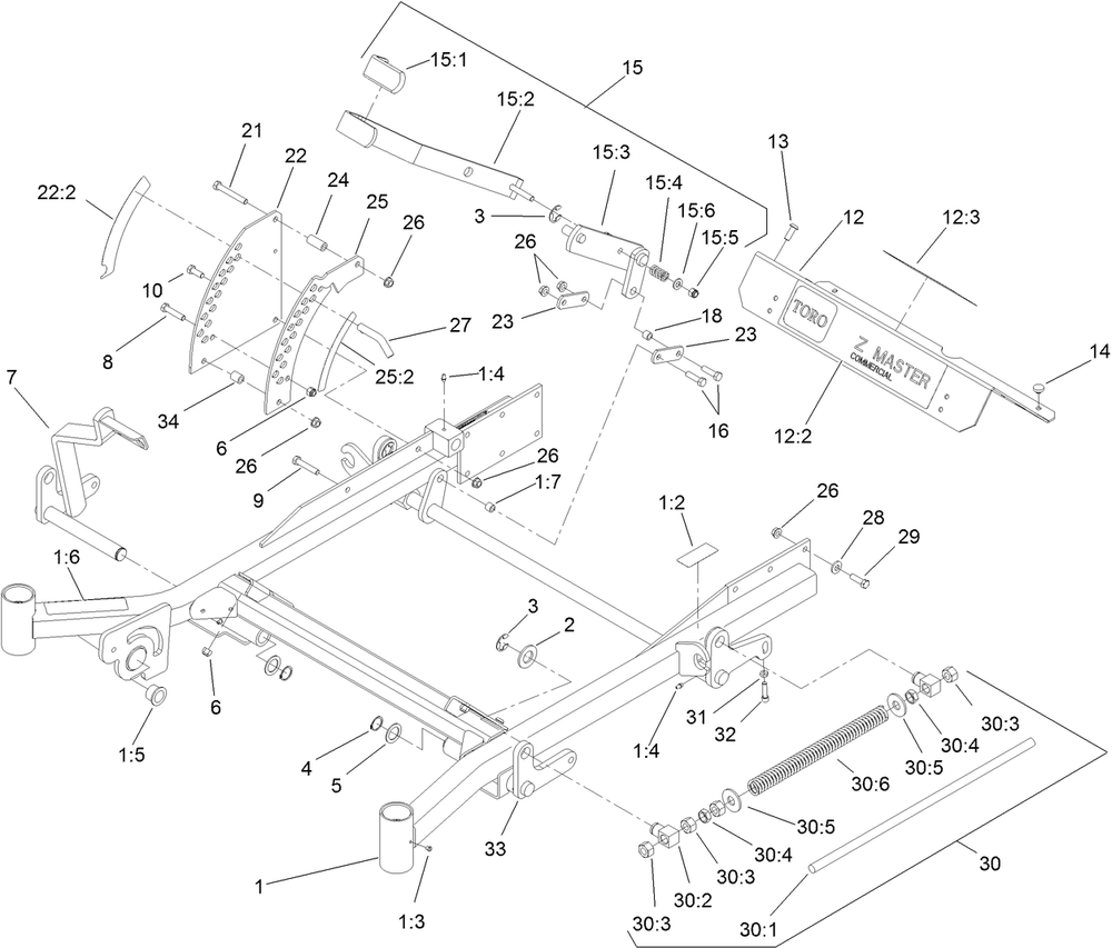 Front Frame Assembly Diagram and Parts List for 74264TE (312000001-312299999)(2012) Toro Lawn Mower