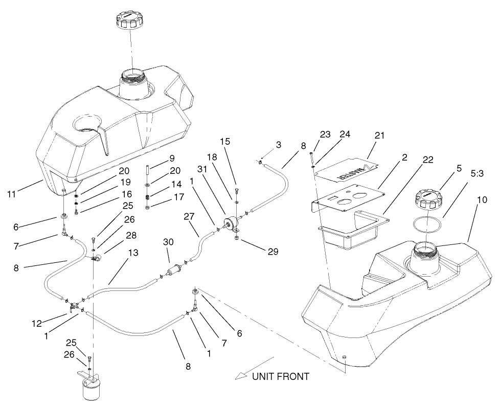 Tank And Fuel Lines Assembly Diagram and Parts List for 74213 (210000001-210999999)(2001) Toro Lawn Mower