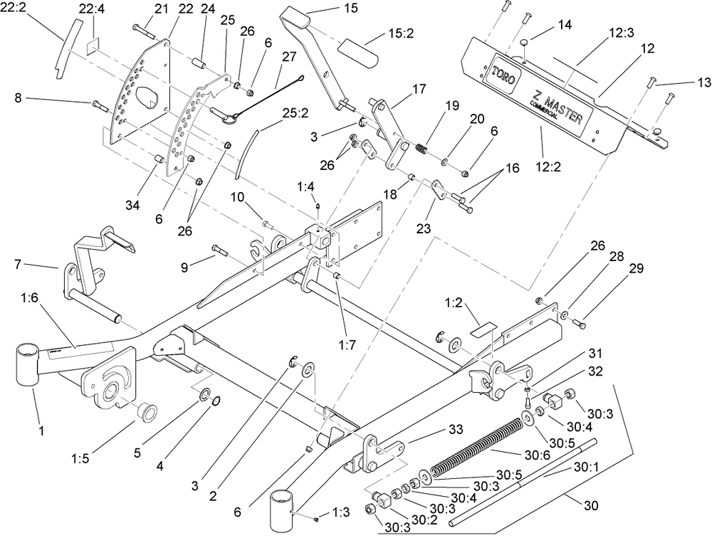 Front Frame Assembly Diagram and Parts List for 74264TE (260000001-260999999)(2006) Toro Lawn Mower
