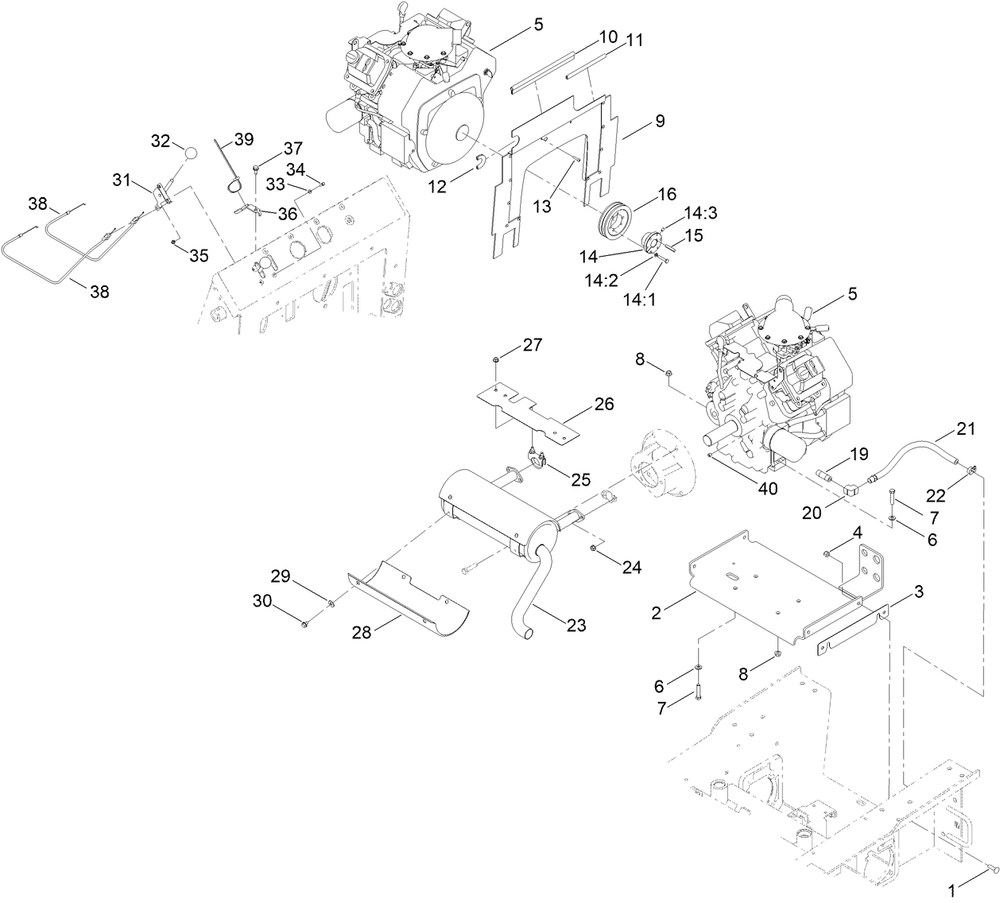 Engine, Exhaust And Control Lever Assembly Diagram and Parts List for 22342HA 400000000 - 411759999 Toro Lawn Tractor Accessories