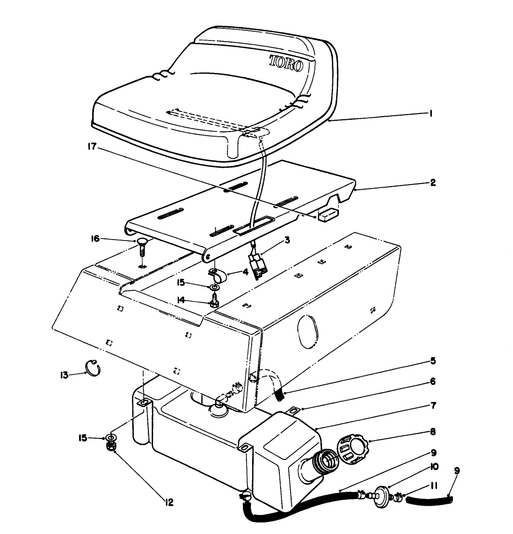 Seat & Gas Tank Assembly Diagram and Parts List for 56133 2000001 - 2999999 Toro Lawn Tractor