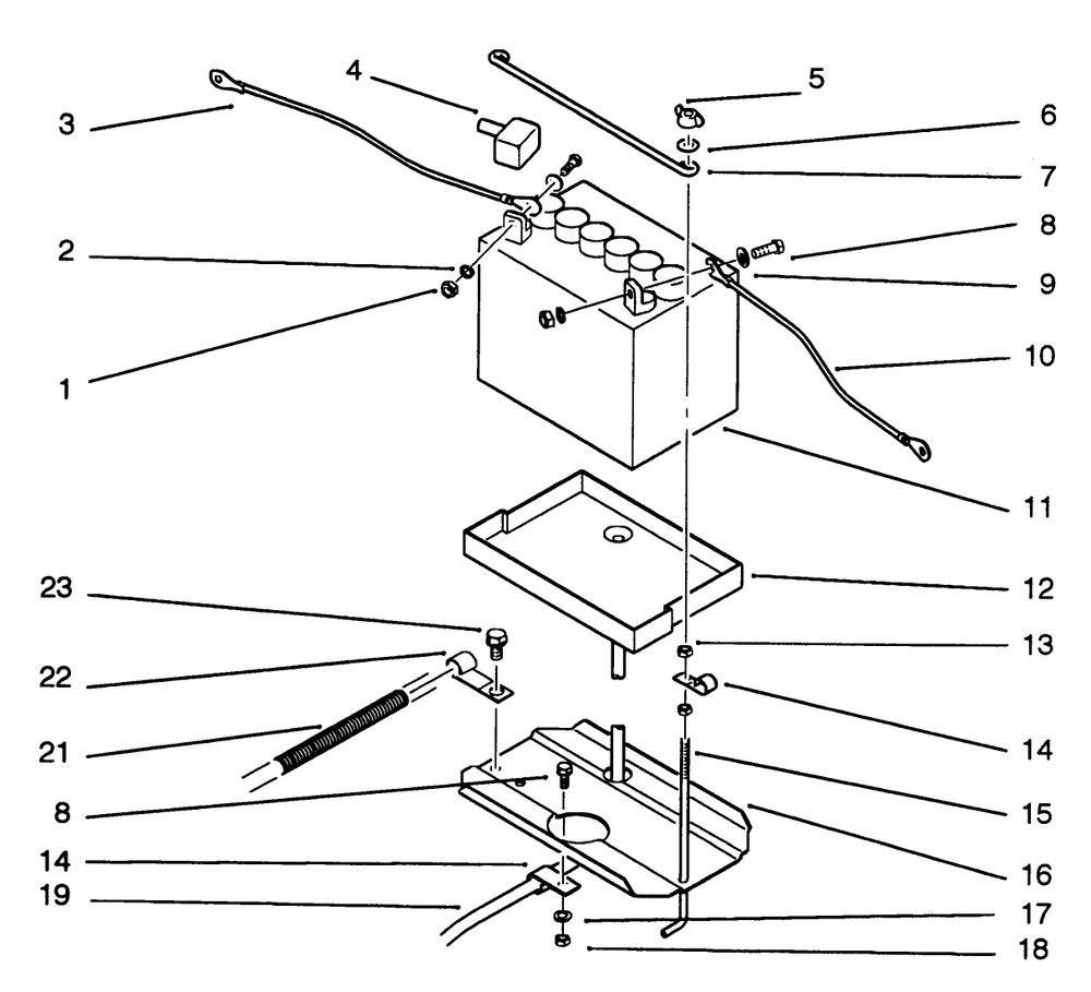 Battery Mount Assembly Diagram and Parts List for R2-16BE01 2000001 - 2999999 Toro Lawn Tractor