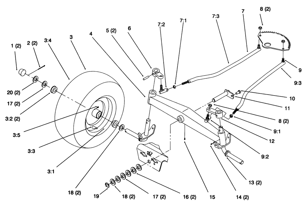 Front Axle Diagram and Parts List for 72064 6900001 - 6999999 Toro Lawn Tractor