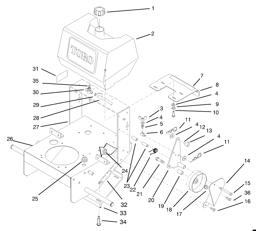 Frame, Fuel Tank And Wheel Drive Idler Diagram and Parts List for 30165 890001 - 899999 Toro Lawn Tractor Accessories