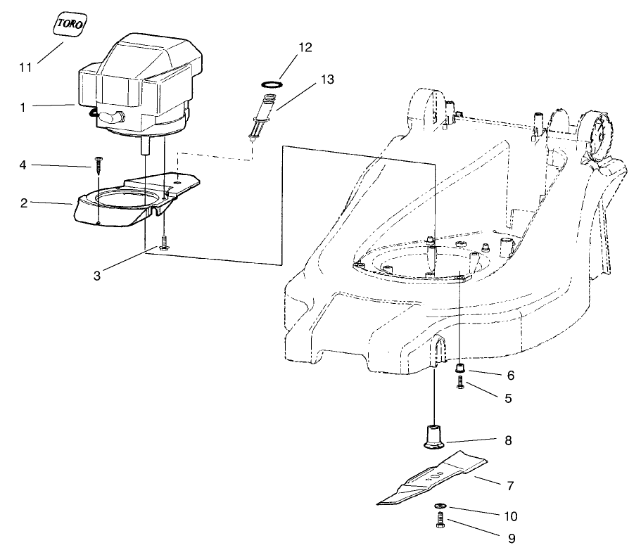 Motor And Blade Assembly Diagram and Parts List for 21020 9900001 - 9999999 Toro Lawn Mower