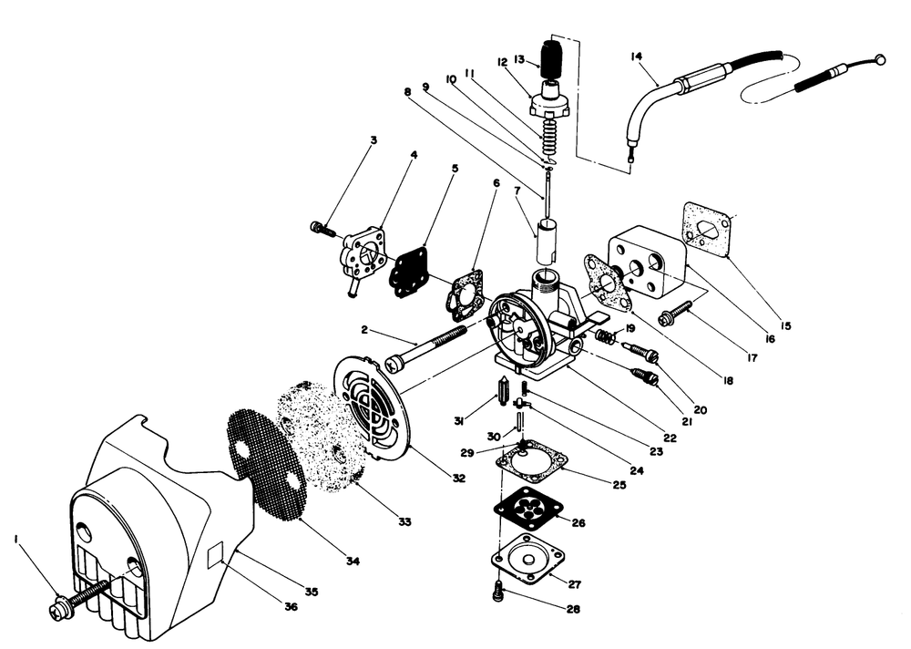 Carburetor & Air Cleaner Assembly Diagram and Parts List for 51644V 1000001 - 1999999 Toro Trimmer