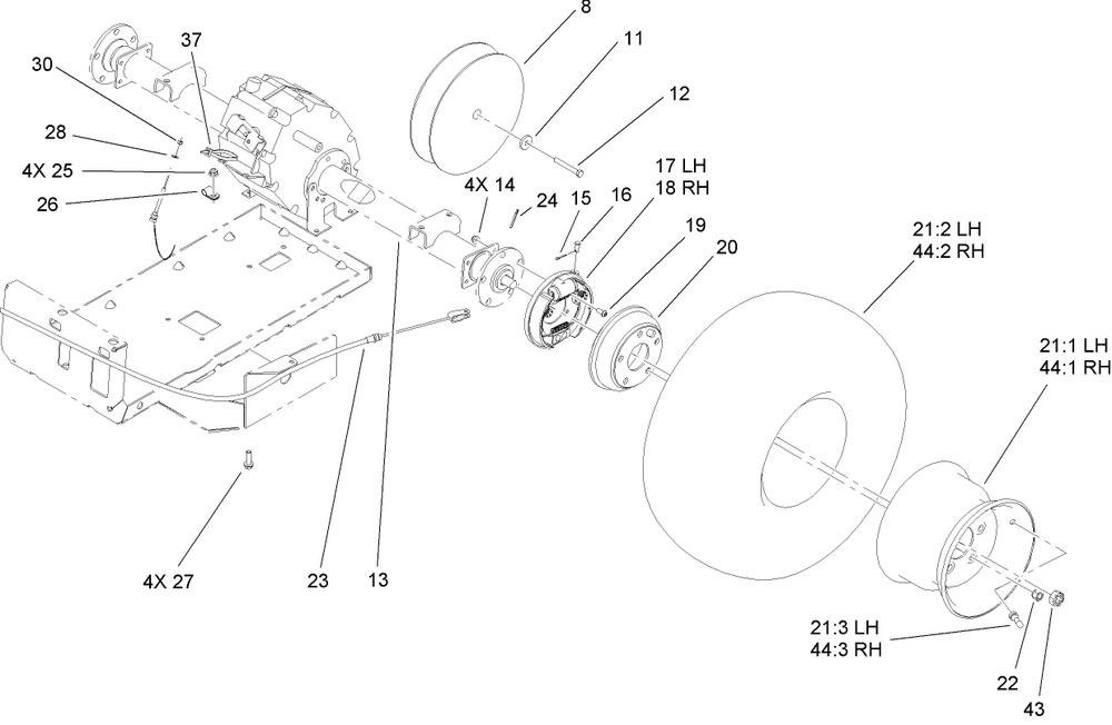 Rear Tire And Transaxle Assembly Diagram and Parts List for 12004TC 260000001 - 260999999 Toro Lawn Tractor