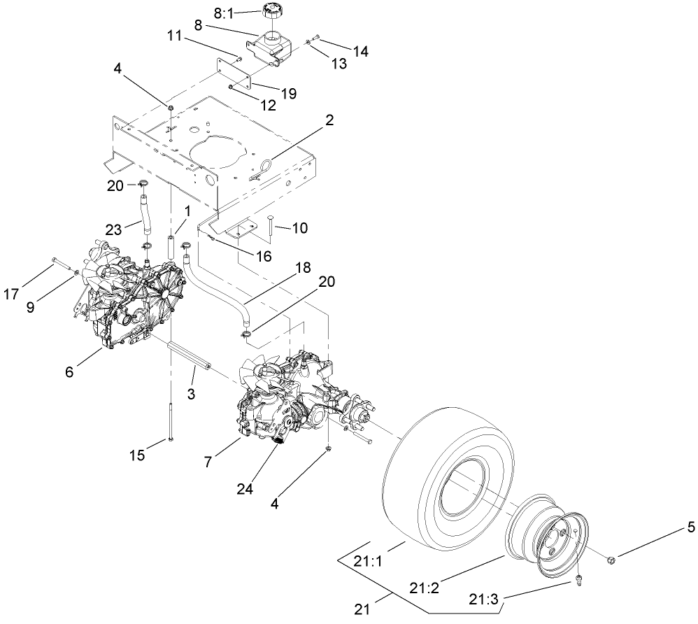 Hydraulic Drive Assembly Diagram and Parts List for 74409TE (270000001-270000700)(2007) Toro Lawn Mower