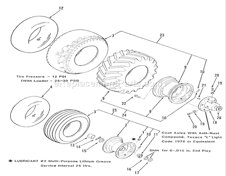 Wheels And Tires Diagram and Parts List for B1-16O801 1988 Toro Lawn Tractor