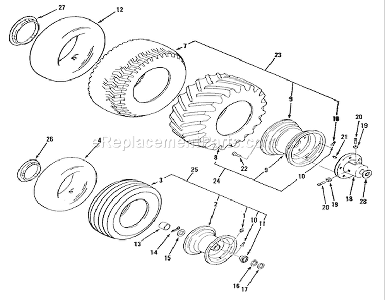 Wheels And Tires Diagram and Parts List for E1-18OE01 1988 Toro Lawn Tractor